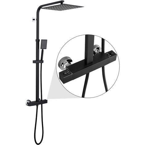 KAIBOR Auralum Edelstahl Duschsystem mit Thermostat, Anti-Verbrühungs-Duschsystem, Duschset mit Quadrat Kopfbrause 30 x30 cm und Handbrause, Regendusche Höhenverstellbar 90cm- 116cm, Schwarz