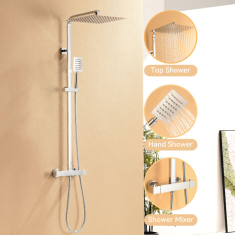 Auralum Edelstahl Duschsystem mit Thermostat Chrom, 2 Funktion Wasserauslauf Duschset mit Kopfbrause 30x30cm und Höhenverstellbar Duschstange