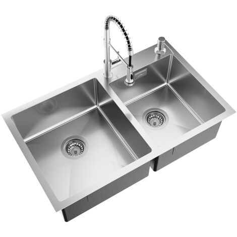 Auralum Edelstahl Küchenspüle 75 x 45 cm Einbauspüle für ab 80 cm Unterschrank + Hochdruck 2 Strahlarten Küchenarmatur