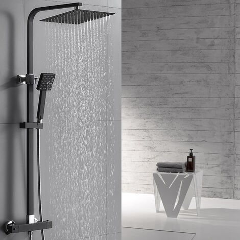 Auralum Élégant Colonne de Douche Thermostatique Noir Ensemble de Douche en Pluie Set de Douche pour Salle de Bain Colonne de Douche Thermostat avec Mitigeur Réglable en Hauteur