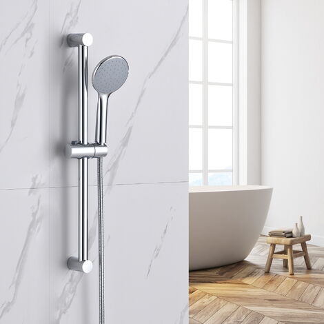 Auralum Ensemble Barre de Douche Chromé avec Douchette Hauteur Réglable, Flexible de 1,5m, Système de Douche Apparent 60cm pour Salle de Bain