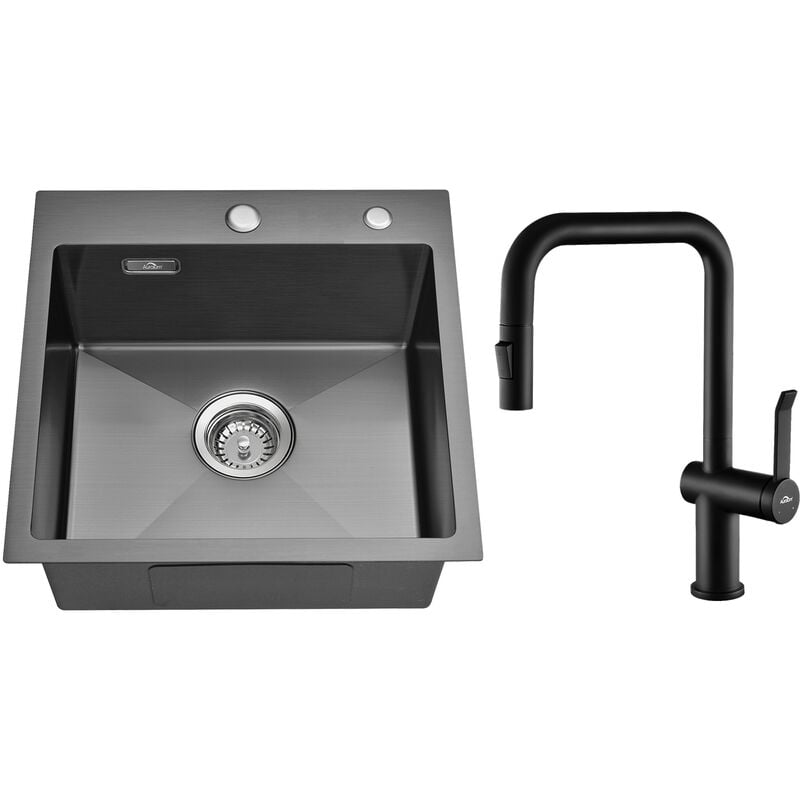 Auralum Max - Auralum Évier 1 Bac 45x45x19 cm - Évier à Encastrer Noir en Inox - Avec Mitigeur Cuisine Rotatif à 360° et Système de Drainage