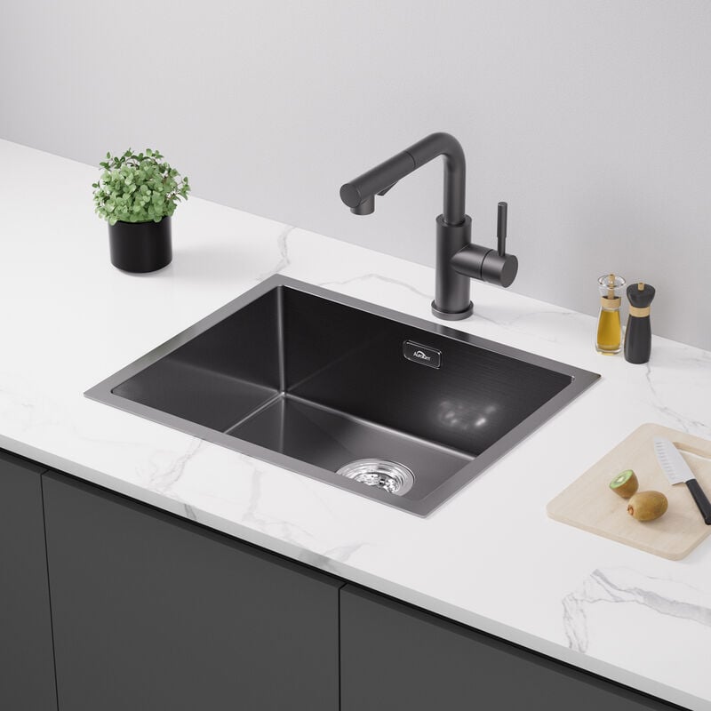 Auralum Max - Auralum Évier 1 Bac 55x44x19CM Évier sous plan en Acier Inox Évier Cuisine Noir avec Trop-Plein et Système de Drainage, Pour meuble de