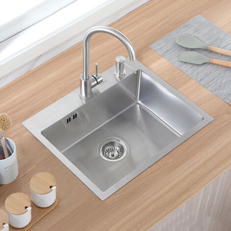 Auralum Évier 1 Bac 55x45x18,5CM Évier à Encastrer et à Poser pour Table à partir de 60 cm, Évier Cuisine en Acier Inoxydable Brossé avec Distributeur de Savon
