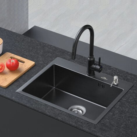 AURALUM MAX Auralum Évier 1 Bac 55x45x19CM Évier à Encastrer en Acier Inoxydable Évier Cuisine Gris foncé avec Distributeur de savon et Ensemble de drainage