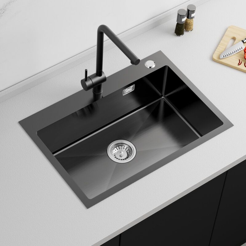 Auralum Max - Auralum Évier 1 Bac 65x45x19CM Évier à Encastrer en Acier Inox 304 Évier Cuisine Noir avec Ensemble de Drainage, Pour meuble de 80 cm