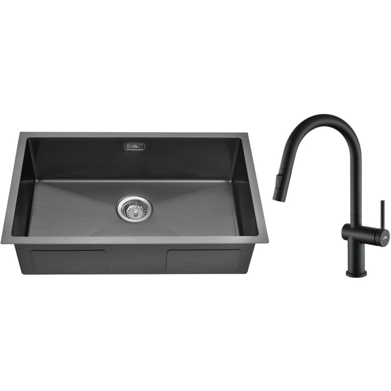 Auralum Max - Auralum Évier 1 Bac 70x44x19CM Évier sous plan Noir avec Mitigeur Cuisine de Douchette Extractible,Trop-Plein et Système de Drainage