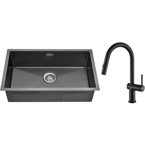 Auralum Évier 1 Bac 70x44x19CM Évier sous plan Noir avec Mitigeur Cuisine de Douchette Extractible,Trop-Plein et Système de Drainage
