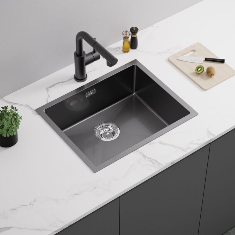 Auralum Max - Auralum Évier 1 Bac Cuisine 55x44x19CM Évier Noir en Inox avec Ensemble de drainage, Évier montage à Encastrer, à Fleur ou Sous-Plan,