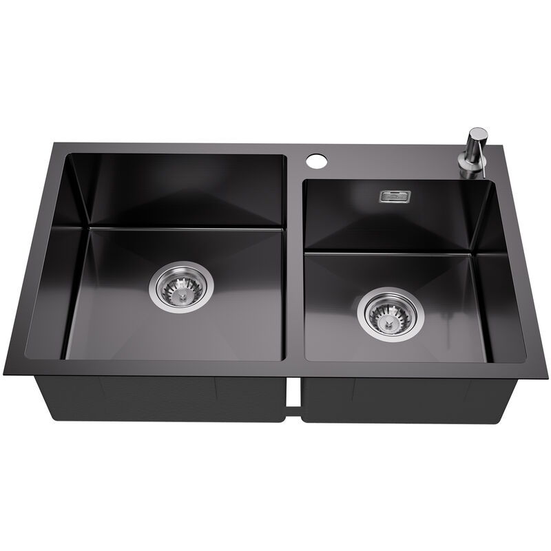 Auralum Max - Auralum Évier 2 Bacs 75x45x19CM Évier à Encastrer en Inox avec Distributeur de savon et Ensemble de Drainage, Évier Cuisine Noir pour
