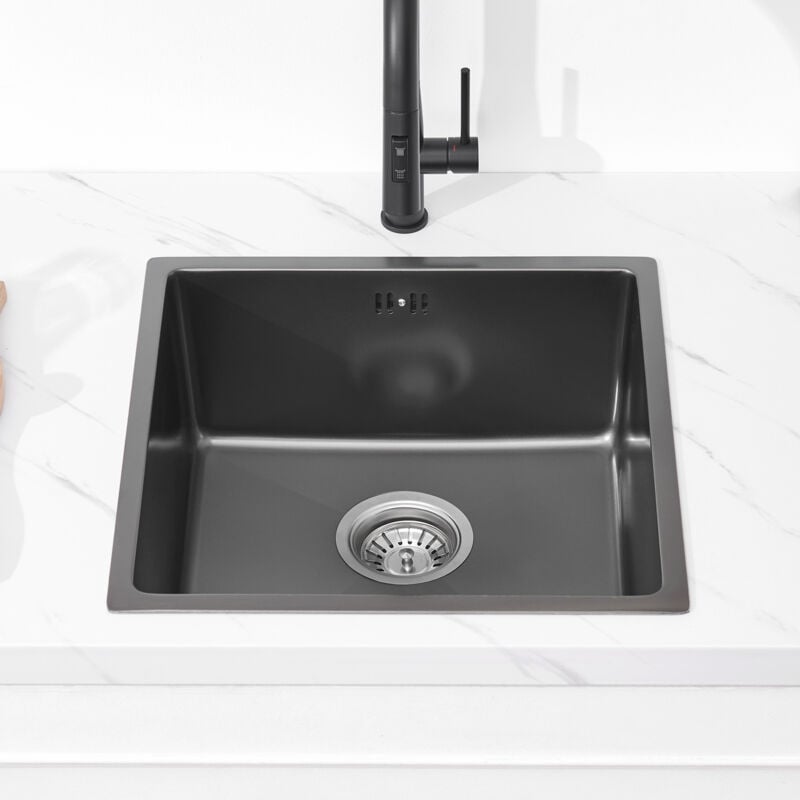 Auralum Max - Auralum Évier Cuisine 1 Bac 44x44x20CM Évier sous plan en Acier Inox avec Trop-Plein et Système de Drainage, Noir