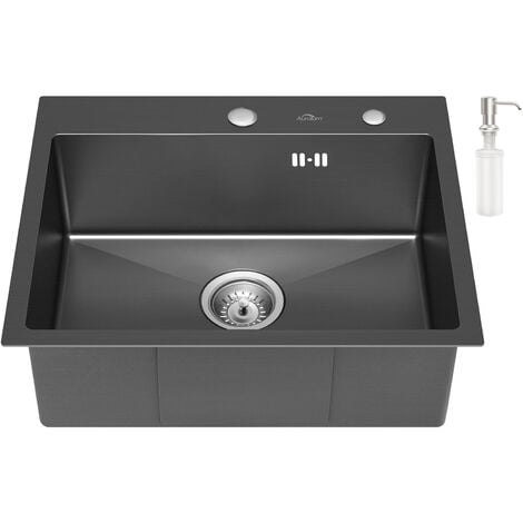 Auralum Évier Cuisine 1 Bac Gris Foncé/Anthracite 55x45x19CM Évier Inox avec Siphon et Trop Plein, Évier Montage à Encastrer, à Fleur de Plan, Distributeur de Savon Fourni Gratuit