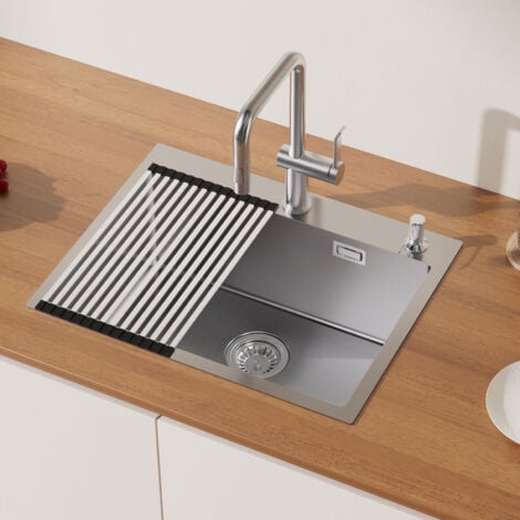 AURALUM MAX Auralum Évier Cuisine 58 x 45 x 18 CM Évier à Encastrer en Acier Inox Évier 1 Bac avec Distributeur de savon et Égouttoir pliable