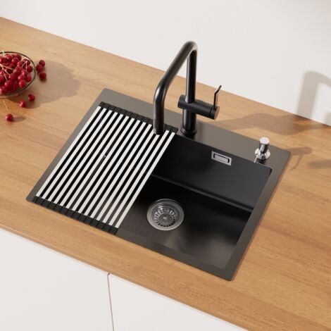 Auralum Évier Cuisine Anthracite 58 x 45 x 18 CM Évier à Encastrer en Acier Inox Évier 1 Bac avec Distributeur de savon et Égouttoir pliable