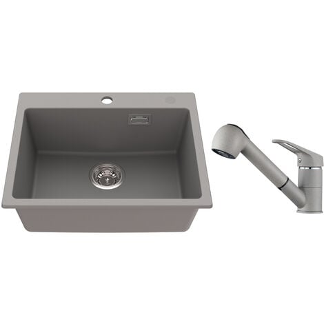 Auralum Évier Cuisine en pierre de quartz 55x45CM Évier à Encastrer avec Mitigeur Cuisine de Douchette Extractible, Ensemble de Drainage, Gris
