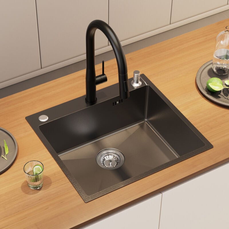 Auralum Max - Auralum Évier Cuisine Gris-noir 54x49x20CM en Acier Inox Évier 1 Bac avec Distributeur de savon et Système de Drainage