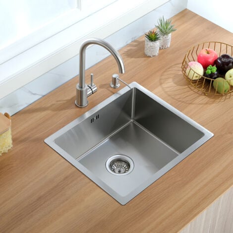 AuraLum Évier de Cuisine 1 Bac 50x43x18CM Évier Inox avec Siphon et Trop Plein Évier Montage à Encastrer, à Fleur ou Sous-Plan-Distributeur de Savon Fourni Gratuit