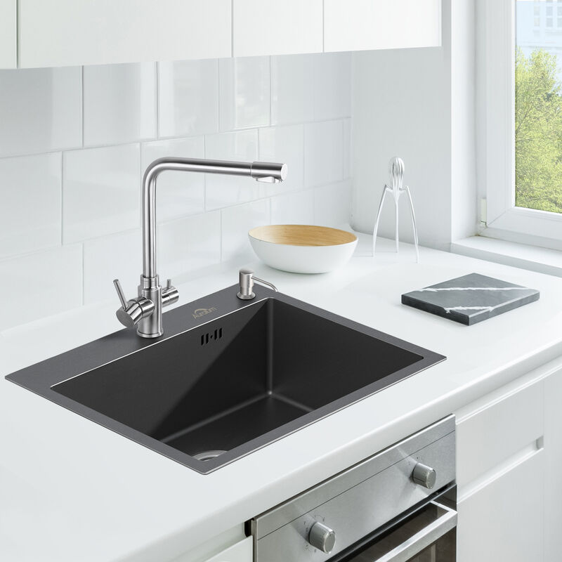 Vier de Cuisine 1 Bac 55x45CM Nano noir /Gris Foncé Acier Inoxydable Évier avec Distributeur de Savon Évier Encastré et à Poser - Auralum