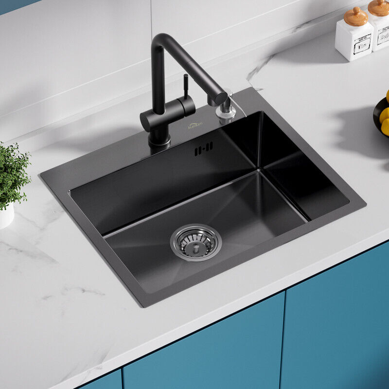 Vier de Cuisine 1 Bac 55x45CM Nano Anthracite /Gris Foncé Acier Inoxydable Évier avec Distributeur de Savon Évier Encastré et à Poser - Auralum