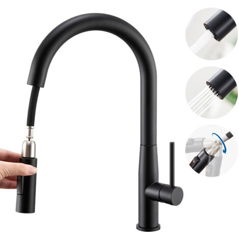 Auralum Grifo Cocina Extraíble de acero inoxidable Negro, Grifo de Cocina con Ducha Extraíble 45cm, 360° Giratorio Fregadero Monomando Cocina con Aireador Desmontable, U-Form