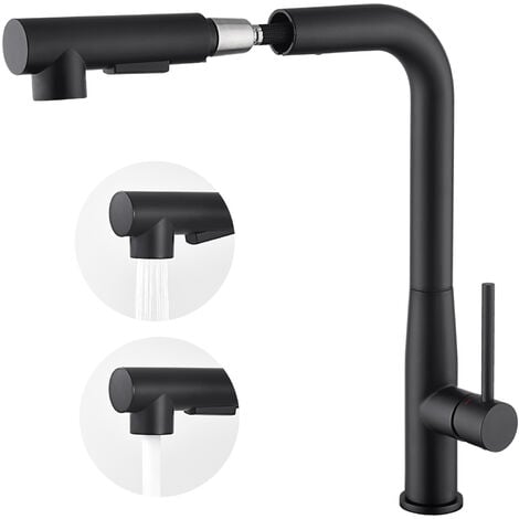 Auralum Grifo Cocina Extraíble de acero inoxidable Negro, Grifo de Cocina con Ducha Extraíble 50cm, 360° Giratorio Fregadero Monomando Cocina con Aireador Desmontable