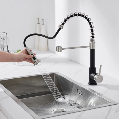 Auralum Grifo Cocina Extraíble, Grifo de Cocina con ducha extraíble Giratorio de 360° Mezclador Monomando de Fregadero con 2 Tipos de Salida de Agua, Negro