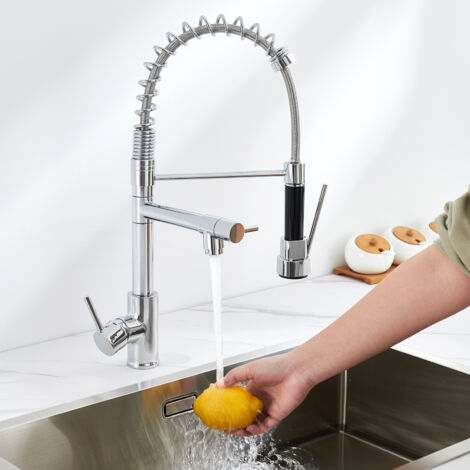Auralum Grifo de cocina con 2 Caño (Modos de Flujo y Pulverzación), Grifo Cocina Flexible giratorio 360° Grifo de Fregadero Mezclador con mandos de doble asa