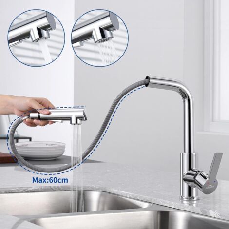 Auralum Grifo de Cocina con Ducha Extraíble 60cm, Giratorio de 360° Monomando de Fregadero Con aireador desmontable, Ahorro del Agua