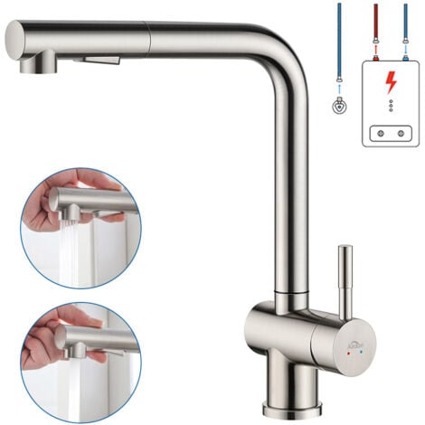 Auralum Grifo de Cocina con ducha extraíble de Baja Presión, Grifo Cocina extraíble de Acero inoxidable cepillado, 360° Giratorio Fregadero Monomando Cocina con 2 Modes de salidas de agua