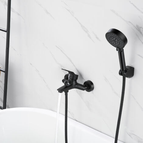 Auralum Grifo de Ducha con 5 Funciones Ducha de Mano, Grifo de Baño de Latón, Monomando para bañera con Interruptor de Presión Grifo de Baño Mezclador para Baños, Negro