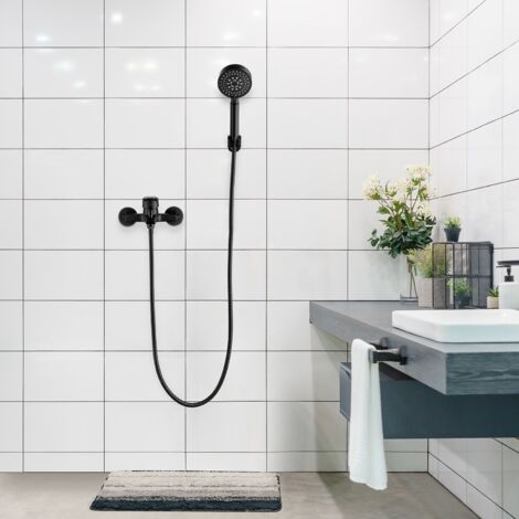 Auralum Grifo de Ducha con Mezclador de Latón con 5 Funciones Teleducha, Grifo de Bañera Monomando Ducha Montaje en pared, con 150 cm Manguera y Soporte, Negro