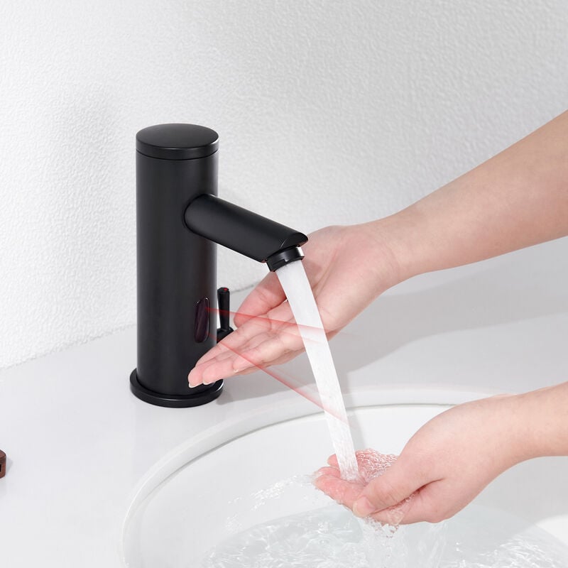 Negro Grifo Lavabo con Sensor Automático sin Contacto, Mezclador Grifo de Lavabo con Sensor Infrarrojo, Monomando de Baño para Agua Caliente y Fría