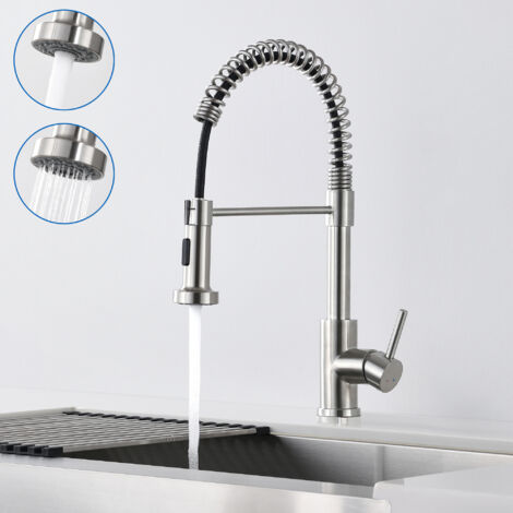 Auralum Hochdruck Ausziehbare Küchenarmatur mit Spiralfeder, 360° schwenkbar, mit 2 Auslauffunktionen, Einhebel-Küchenarmatur für Spüle, Gebürstet