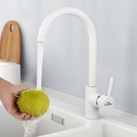 Auralum Hochdruck Küchenarmatur mit 360° Schwenkbereich Küchenwasserhahn, 2 Anschluss-Schlauch Mischbatterie, Weiß Marmorstreifen