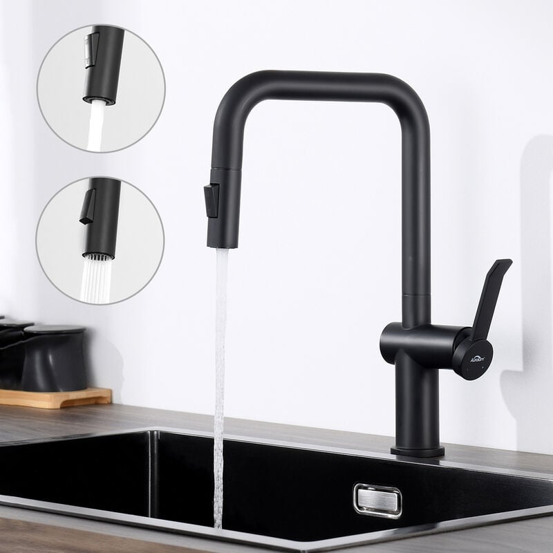 Auralum Max - Auralum Robinet de Cuisine Noir avec Douchette Extractible, Mitigeur Evier Cuisine Bec Haut, Rotatif à 360°, 2 Modes Jet