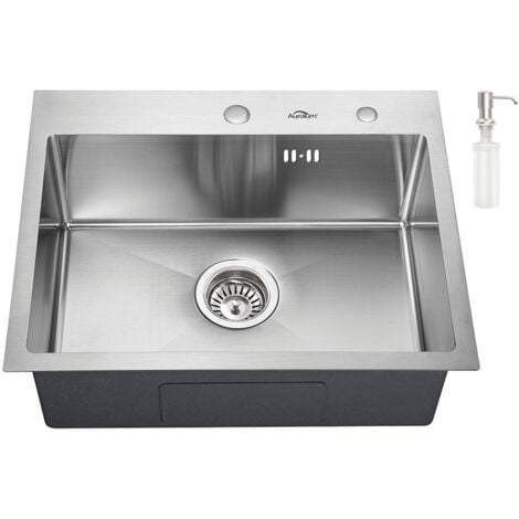 Auralum Lavello da Cucina 1 vasca in Acciaio Inox Spazzolato con 300ml Dispenser Sapone 55x45 cm Lavandino Cucina da Incasso con Troppopieno Senza Piombo Protezione Ambientale