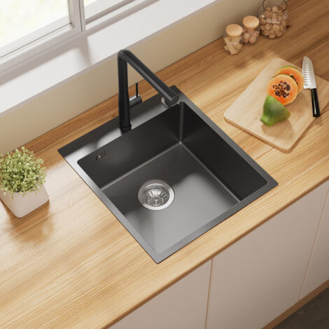 AURALUM MAX Auralum lavello da cucina 44 x 49 CM in acciaio inox Lavello da incasso con 2 fori di montaggio + set di scarico + dispenser di sapone, nero grigio