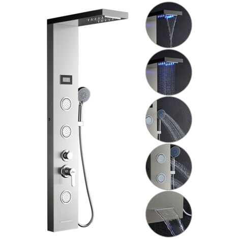 Auralum LED Edelstahl Duschpaneel Hydromassage, 5 Funktionen Duschsystem Duschset inkl. Wasserfalldusche Regendusche Handbrause und 3-Massagedüsen mit Wassertemperatur LCD Display