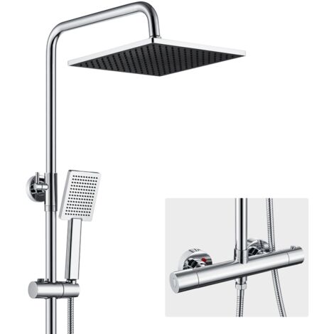 AURALUM MAX Duschsystem mit 38 °C Thermostat Duscharmatur Regendusche Duschset Dusch mit Handbrause, Chrom