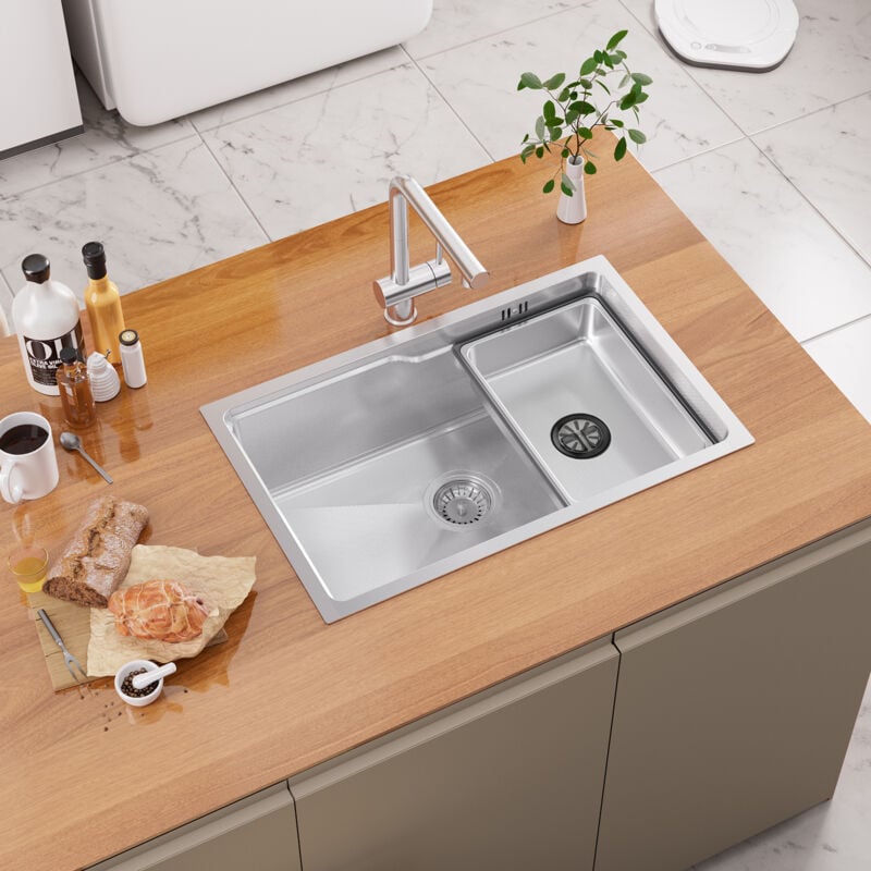 Auralum Max - vier Cuisine 1 Bac 68×43×21CM Argent Évier à Encastrer avec Egouttoir et Vasque