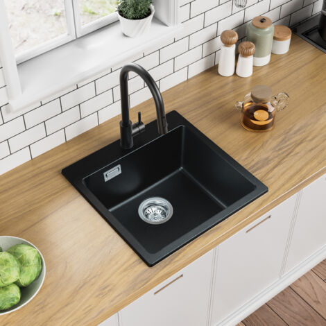Auralum Max Évier en granit 45 x 45 cm, petit évier de cuisine en granit, évier encastré avec siphon, bonde et trop-plein