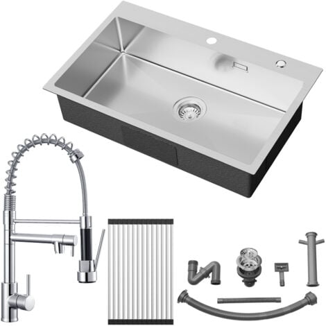 Auralum Max Fregadero de cocina de acero inoxidable fregadero encastrable 75 x 45 cm + grifo de cocina de muelle espiral con dos caños