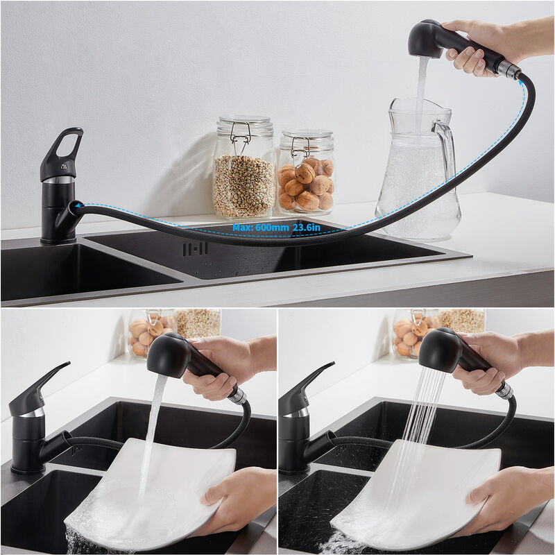 

Mezclador Grifo de Cocina Negro Monomando Grifería de Fregadero con 2 Funciones Ducha Extraible, 360° Giratorio para Agua Caliente y Fria - Auralum