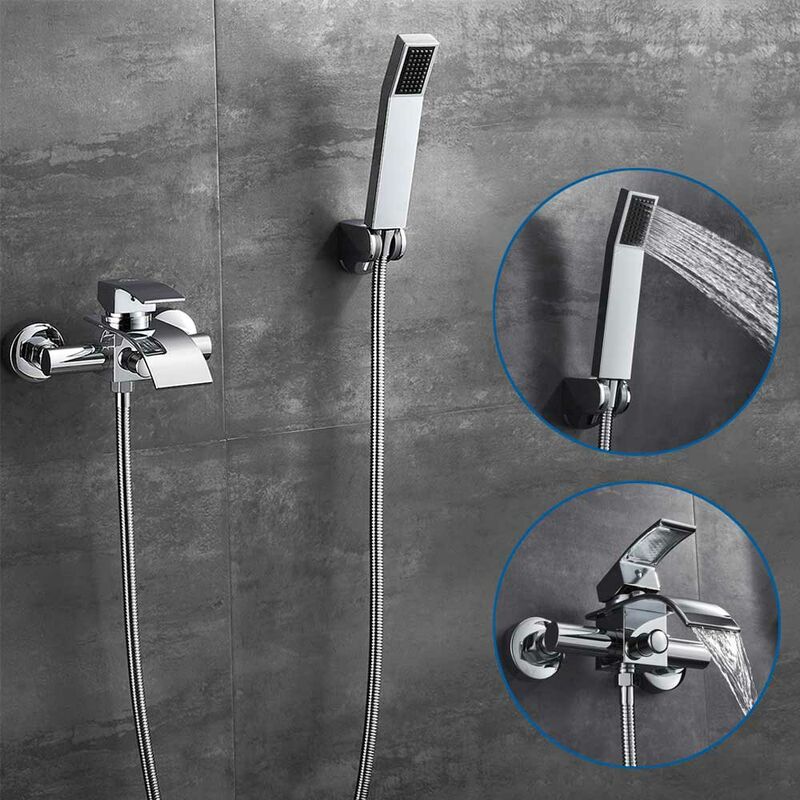 Auralum - Miscelatore Vasca da Bagno a Cascata con Doccetta e Supporto, Rubinetto per vasca da bagno a parete, con Tubo flessibile in acciaio inox