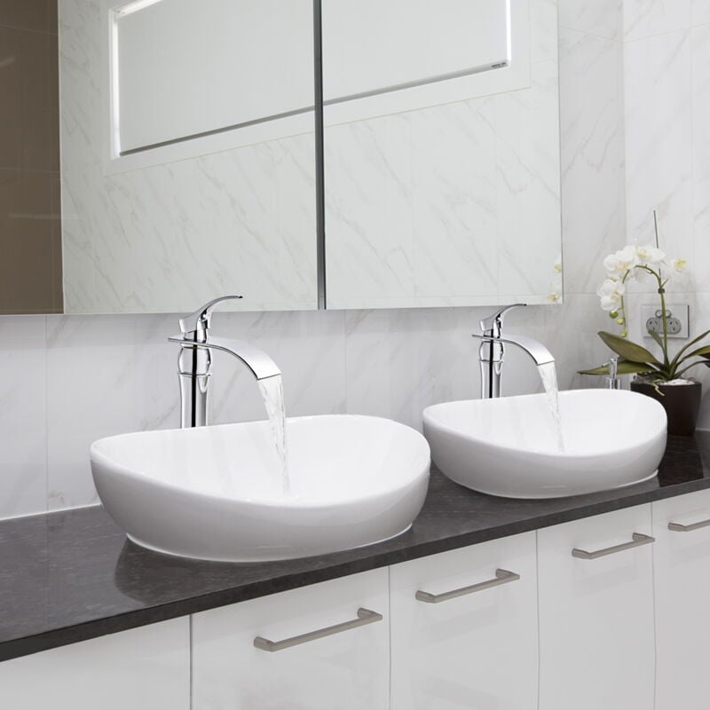 Auralum - Mitigeur Robinet de Lavabo Haute Bec Robinet Cascade 2pcs pour Lavabo et Vasque Salle de Bain Haute Bec Monocommand pour Vasque à Poser
