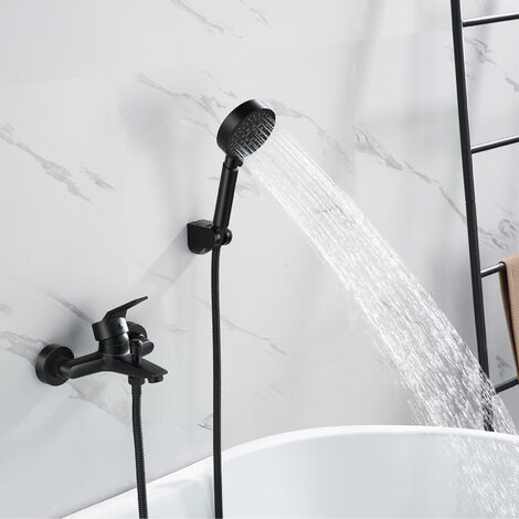Auralum Mitigeur de Baignoire Noir avec 5 Fonctions Douchette à Main, Robinet de Bain Mural en Laiton avec Flexible de douche 1,5 M pour Salle de Bain