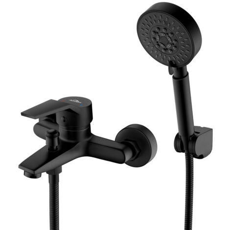 Auralum – Mitigeur de baignoire noir avec douchette à main 5 jets – Support et flexible 1,5m – Laiton massif pour salle de bain