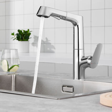 Auralum Mitigeur de Cuisine avec Douchette Extractible - Pulvérisateur à 2 Modes - Robinet de Cuisine Pivotant à 360° avec Barboteur démontable