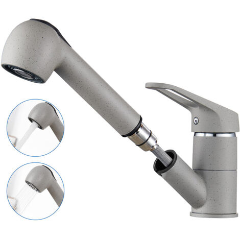 Mitigeur de cuisine gris avec douchette extractible – Rotation 360° – 2 modes de jet – Barboteur démontable pour économie d'eau – P&K