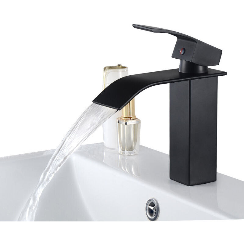 Auralum - Mitigeur de Lavabo Cascade Noir Robinet Carré Eau Froide et Chaude Robinet Vasque à Poser en Laiton pour Salle de Bain